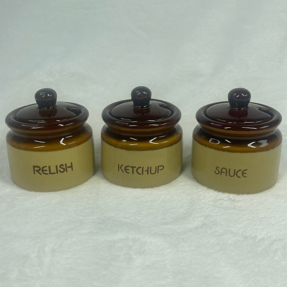 Vintage Condiment Jar Set Brown Tan Ceramic Stoneware 3pc Set